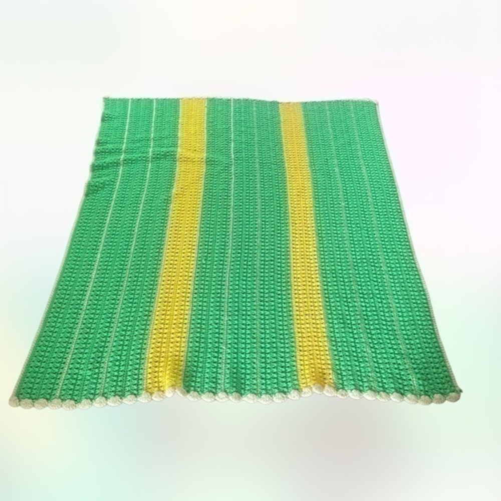 HANDMADE Knitted green and yellow afghan blanket